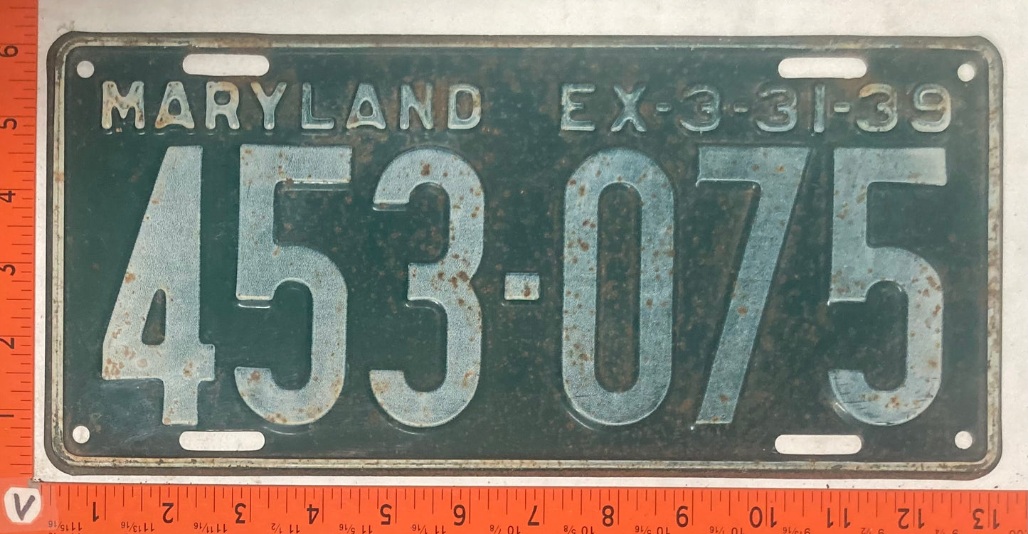 1939 Maryland #453-075 Passenger License Plate