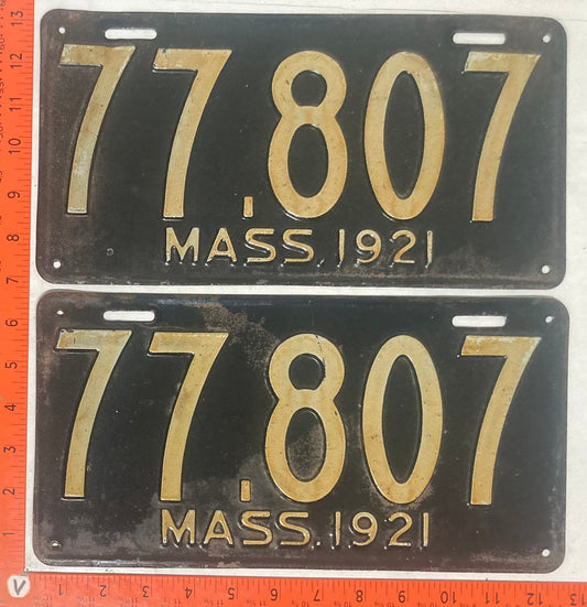 1921 Massachusetts #77,807 Passenger License Plate (Pair)