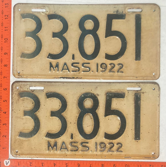 1922 Massachusetts #33,851 Passenger License Plate (Pair)