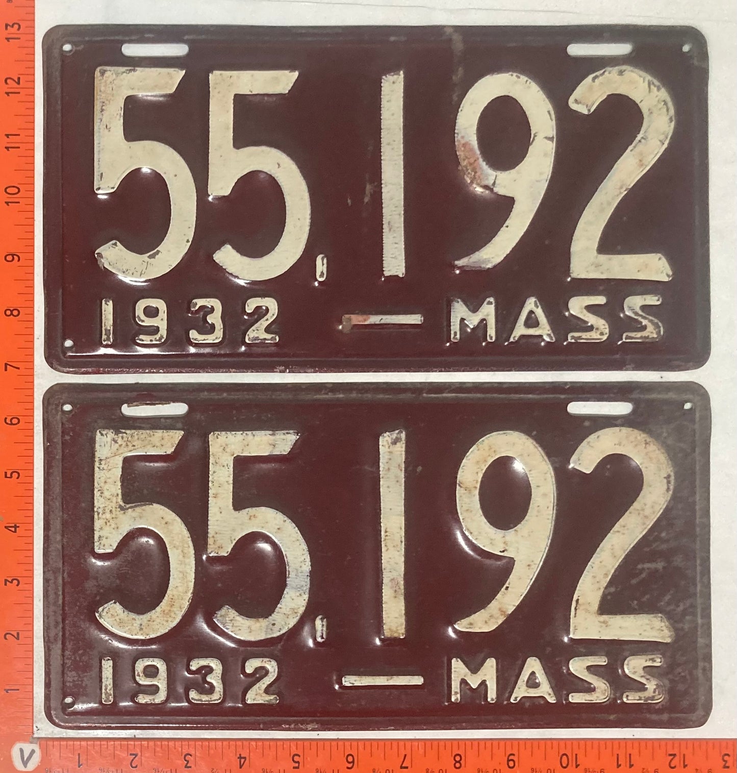 1932 Massachusetts #55,192 Passenger License Plate (Pair)
