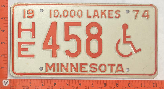 1974 Minnesota #H/E 458 Passenger License Plate (Handicapped)