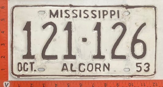 1953 Mississippi #121-126 Passenger License Plate (Repaint)