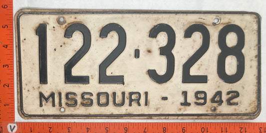 1942 Missouri #122-328 Passenger License Plate