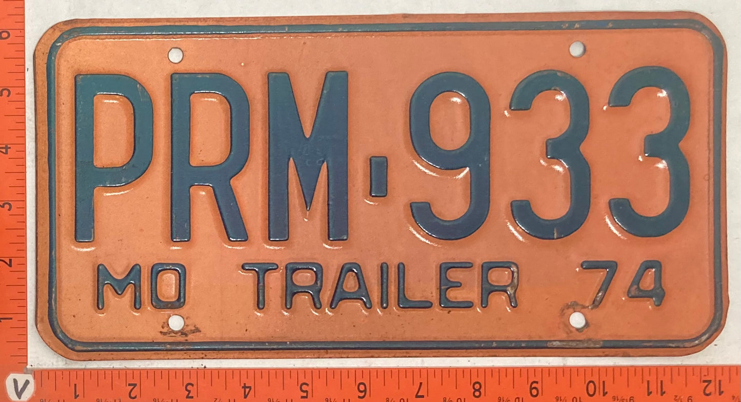 1974 Missouri #PRM-933 Trailer License Plate