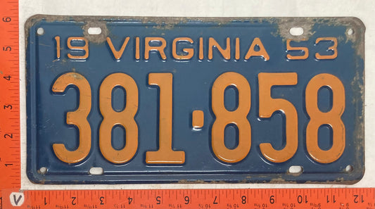 1953 Virginia #381-858 Passenger License Plate