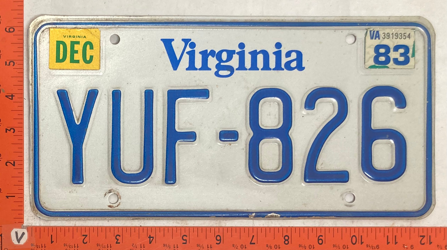 1983 Virginia #YUF-826 Passenger License Plate