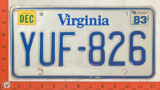 1983 Virginia #YUF-826 Passenger License Plate