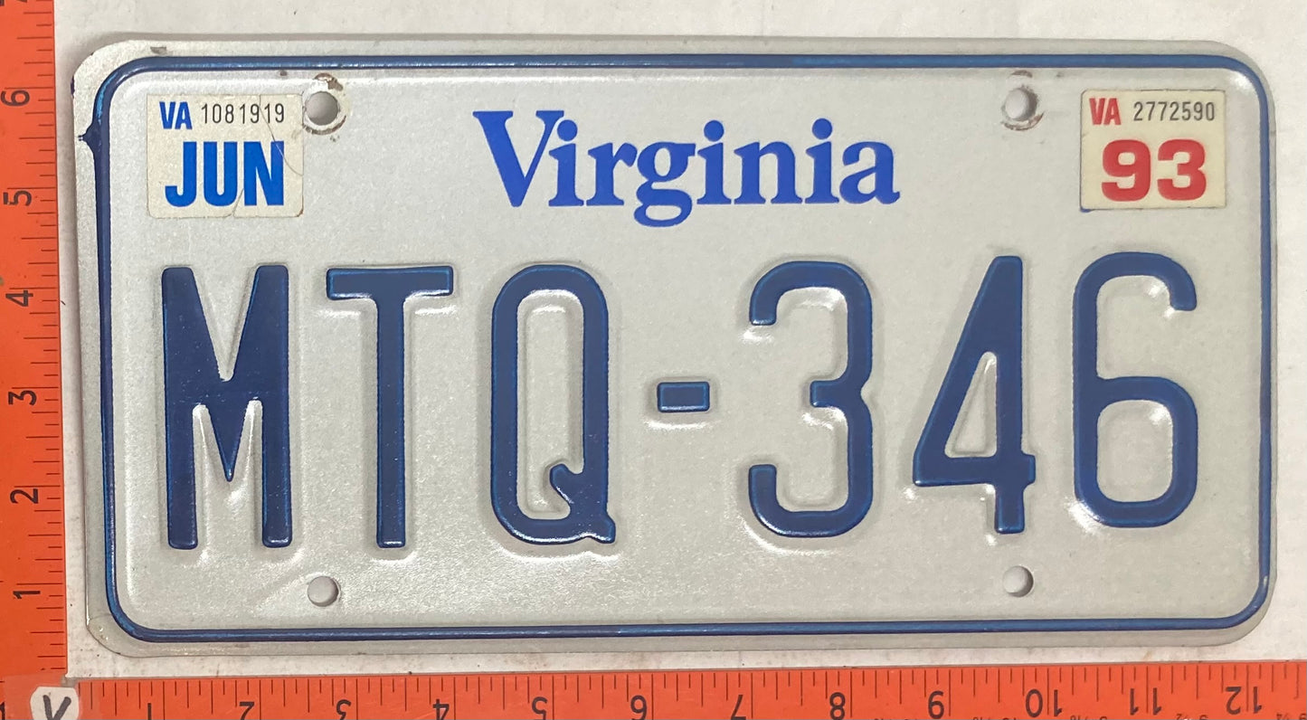 1993 Virginia #MTQ-346 Passenger License Plate