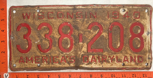 1940 Wisconsin #338-208 Passenger License Plate