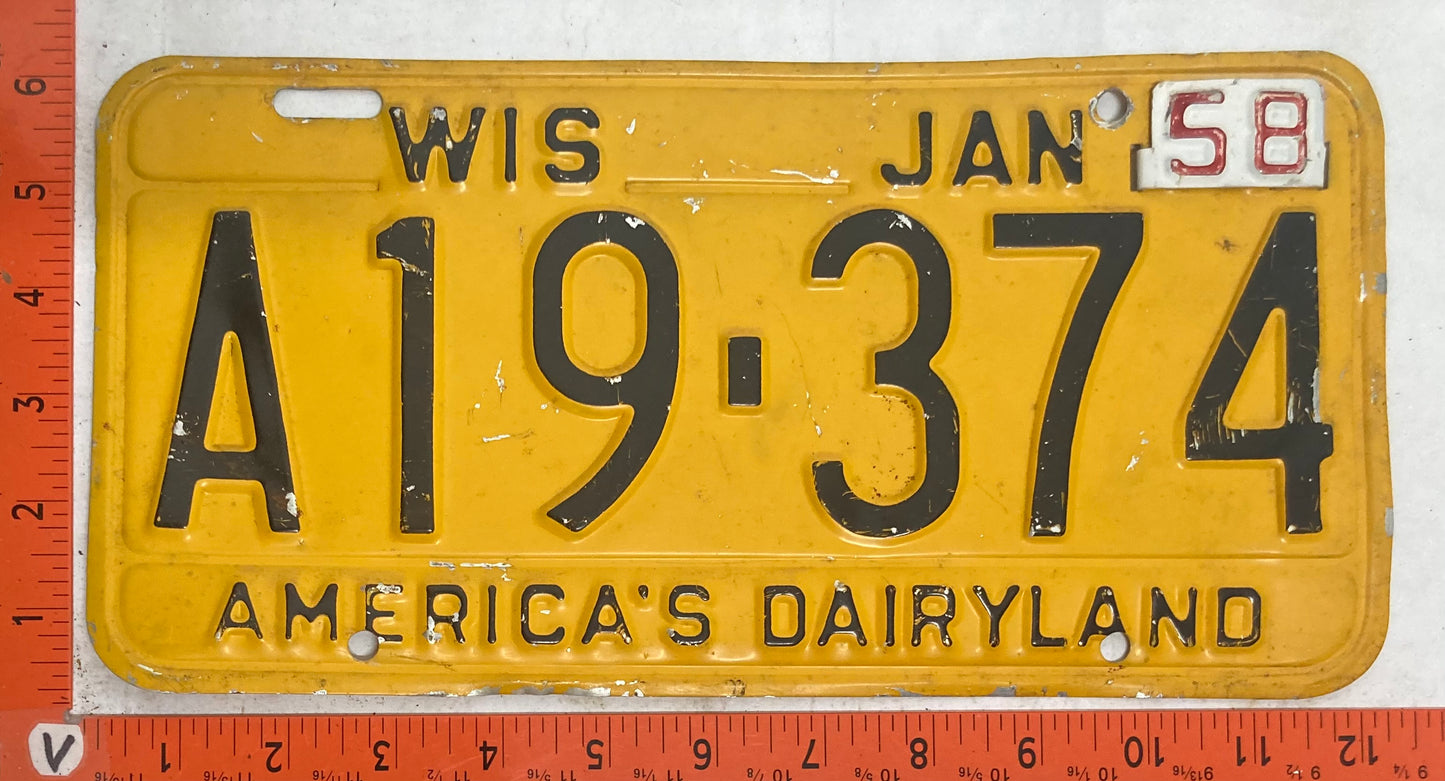 1958 Wisconsin #A19-374 Passenger License Plate