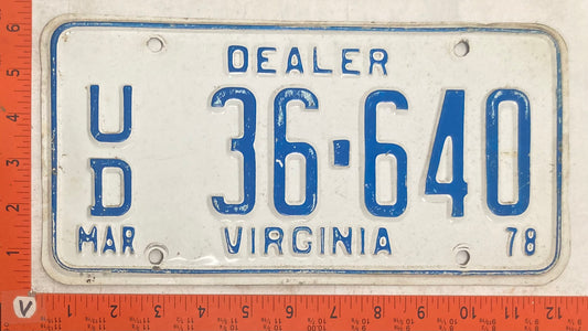 1978 Virginia #U/D 36-640 Used Car Dealer License Plate