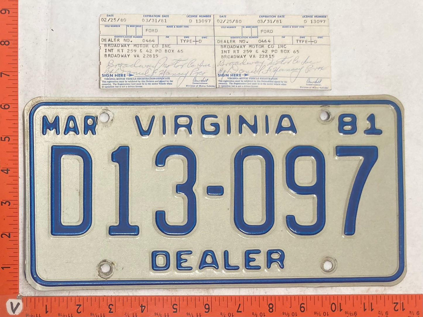 1981 Virginia #D13-097 Dealer License Plate (with Registration)