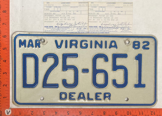 1982 Virginia #D25-651 Dealer License Plate (with Registration)