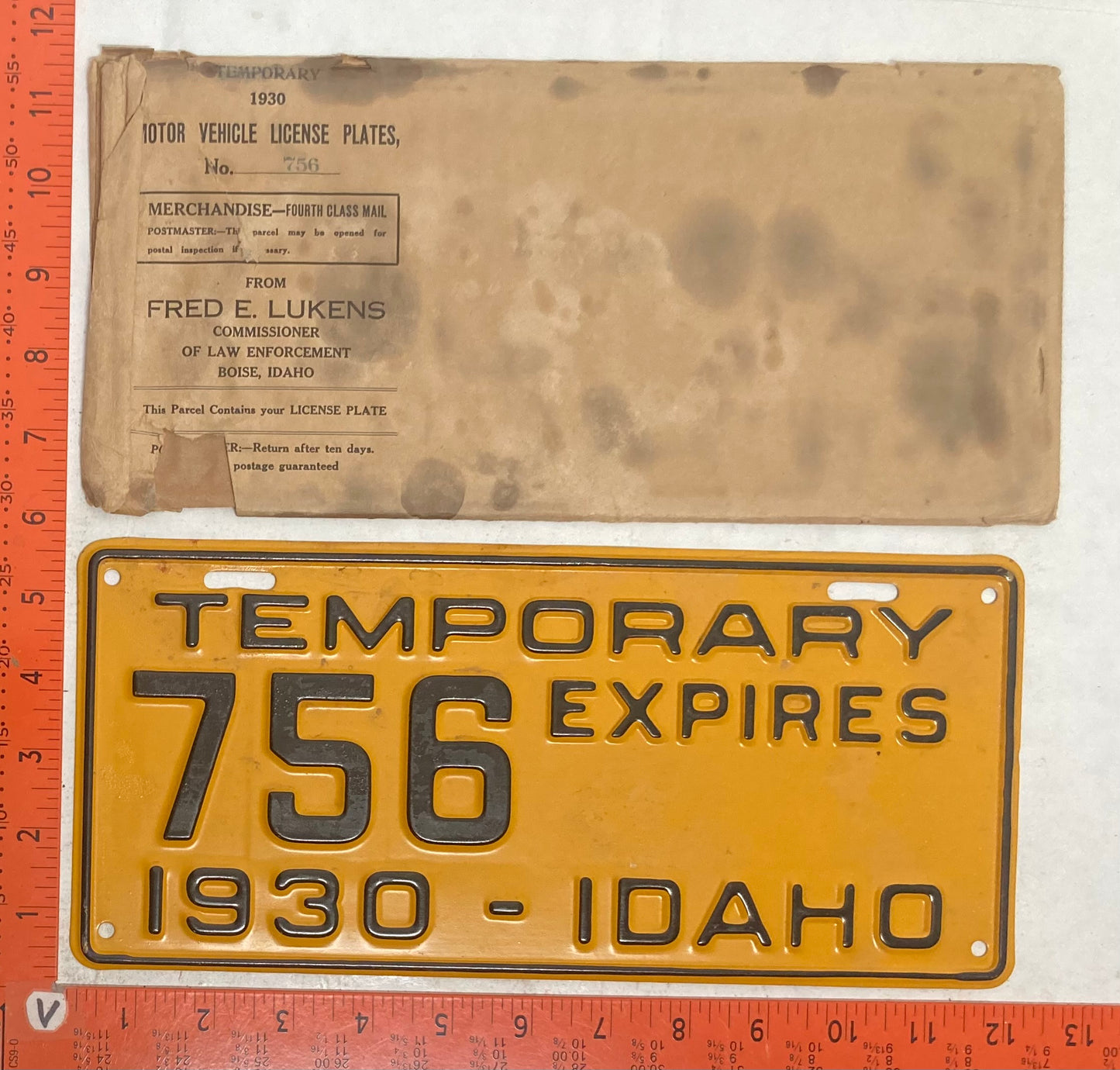 1930 Idaho #756 Temporary Tourist Passenger License Plate (w/Envelope)