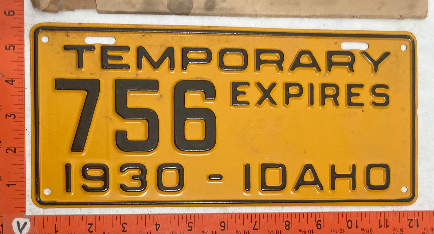 1930 Idaho #756 Temporary Tourist Passenger License Plate (w/Envelope)