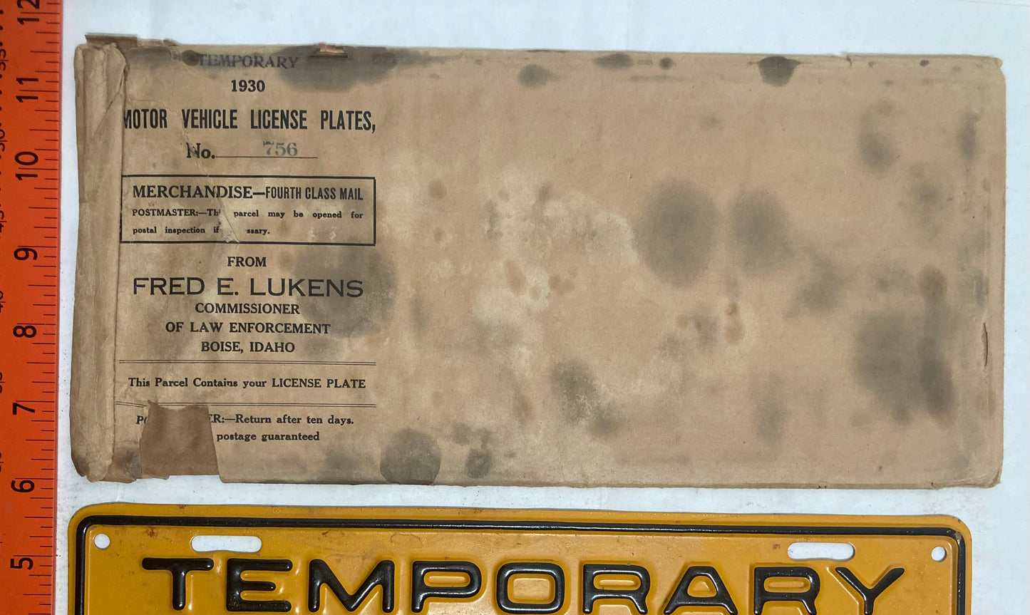 1930 Idaho #756 Temporary Tourist Passenger License Plate (w/Envelope)