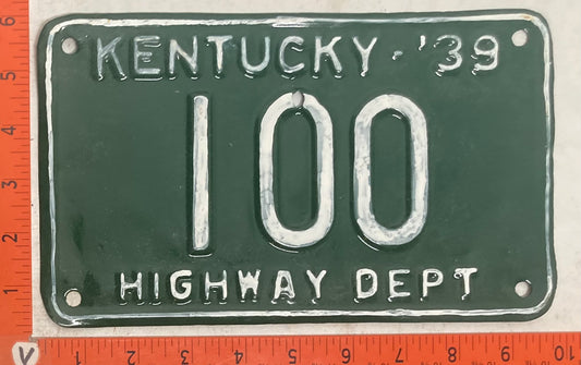1939 Kentucky #100 Highway Department License Plate