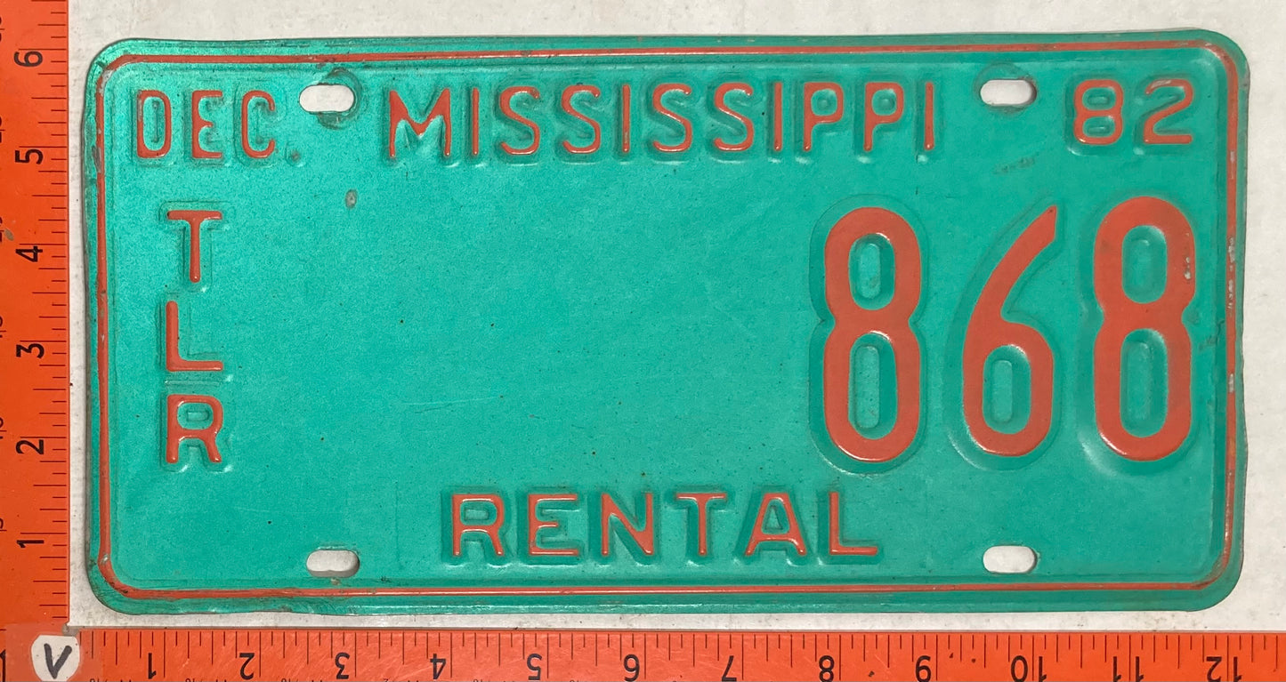 1982 Mississippi #868 Trailer Rental License Plate