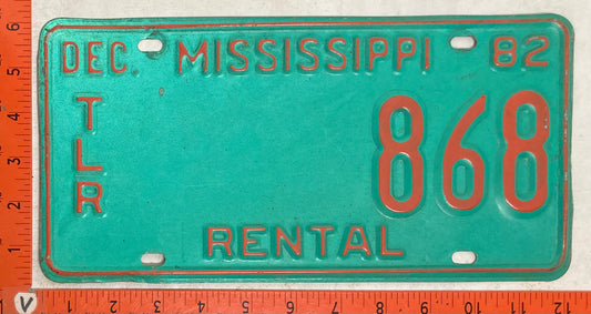 1982 Mississippi #868 Trailer Rental License Plate