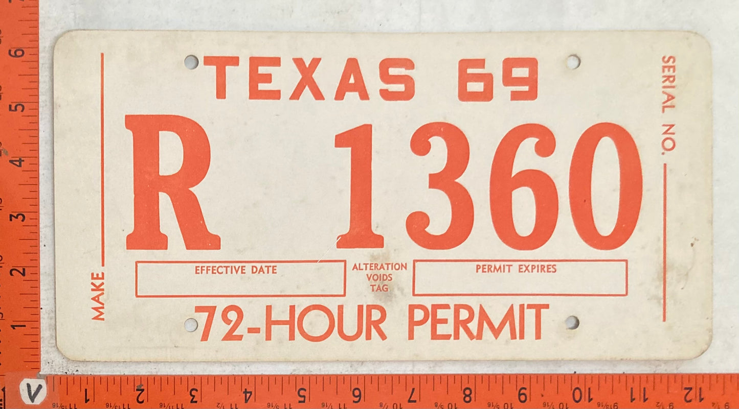 1969 Texas #R 1360 72 Hour Permit License Plate (Cardboard)