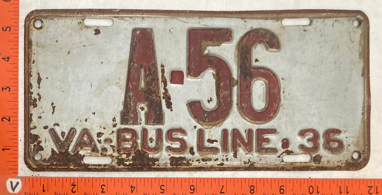 1936 Virginia #A-56 Bus Line License Plate