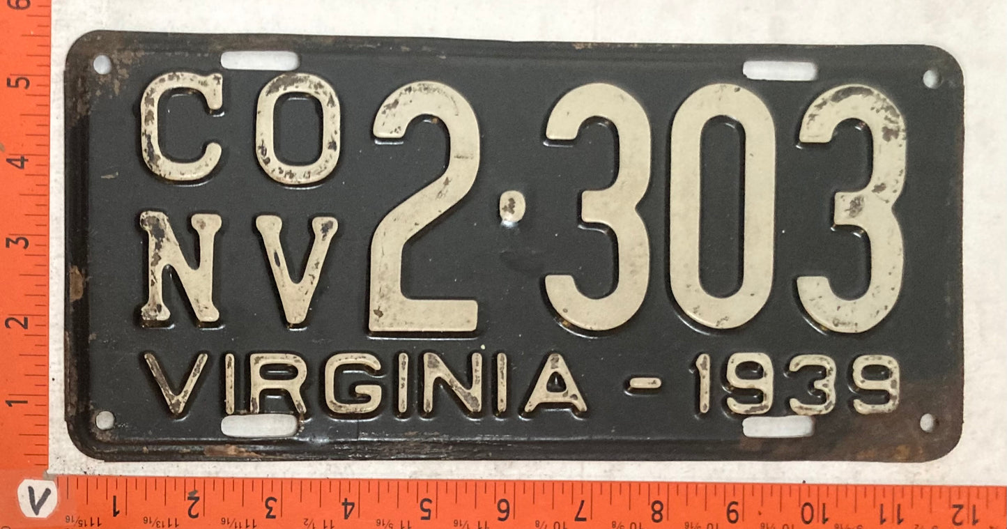 1939 Virginia #CO/NV 2-303 Convertible License Plate