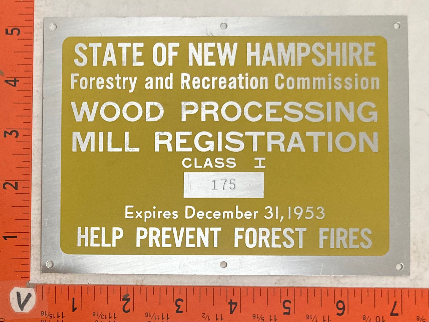 1953 New Hampshire #175 Wood Processing Mill Registration Plate