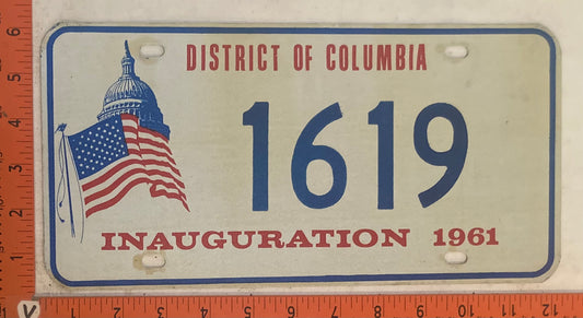 1961 Washington, DC #1619 Presidential Inaugural Passenger License Plate