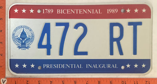 1989 Washington, DC #472 RT Presidential Inaugural Passenger License Plate (Vanity)