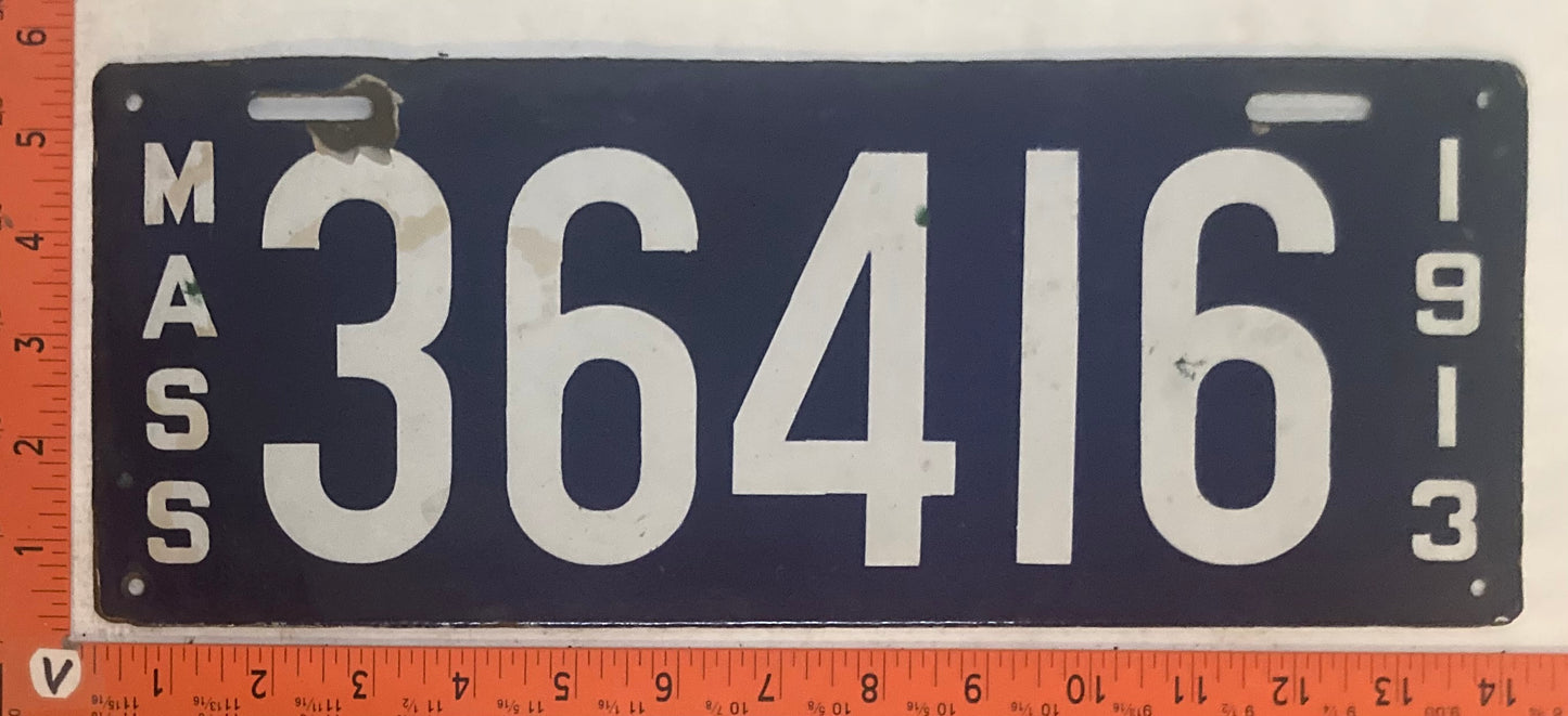 1913 Massachusetts #36416 Passenger License Plate (Porcelain)