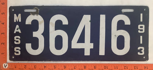 1913 Massachusetts #36416 Passenger License Plate (Porcelain)