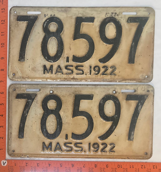 1922 Massachusetts #78,597 Passenger License Plate (Pair)