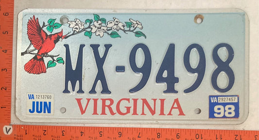 1998 Virginia #MX-9498 Passenger License Plate (Cardinal Base)
