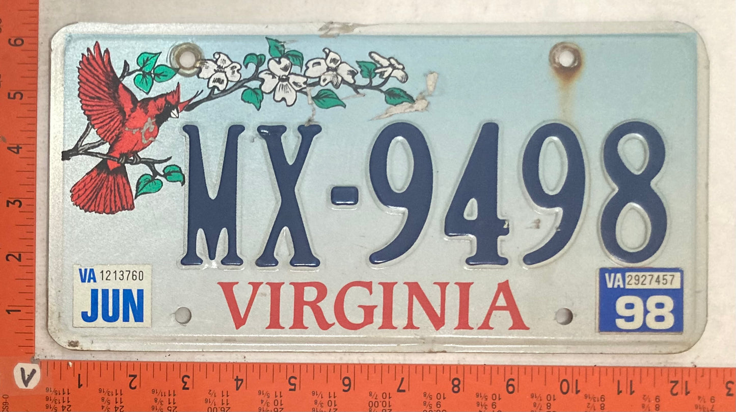 1998 Virginia #MX-9498 Passenger License Plate (Cardinal Base)