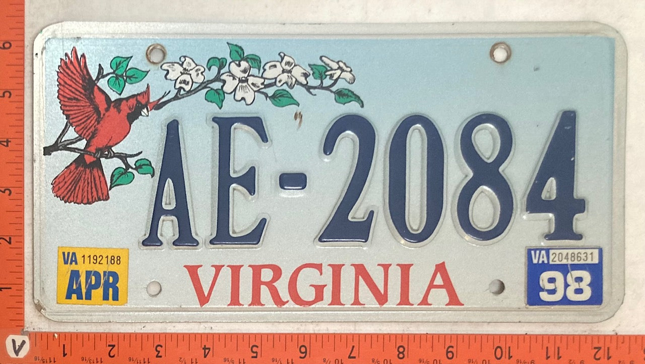 1998 Virginia #AE-2084 Passenger License Plate (Cardinal Base)