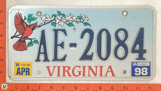 1998 Virginia #AE-2084 Passenger License Plate (Cardinal Base)