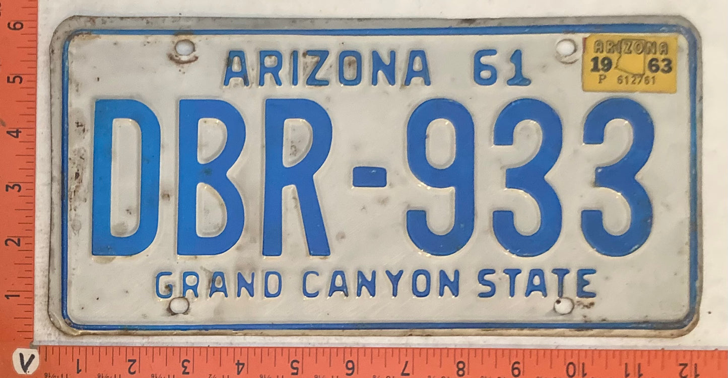 1963 Arizona #DBR-933 Passenger License Plate