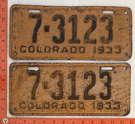 1933 Colorado #7-3123 Passenger License Plate (Pair)