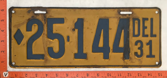 1931 Delaware #25-144 Passenger License Plate