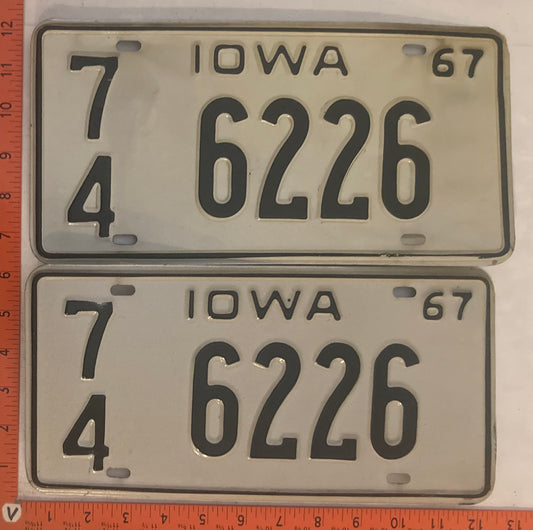 1967 Iowa #7/4 6226 Passenger License Plate (Pair)