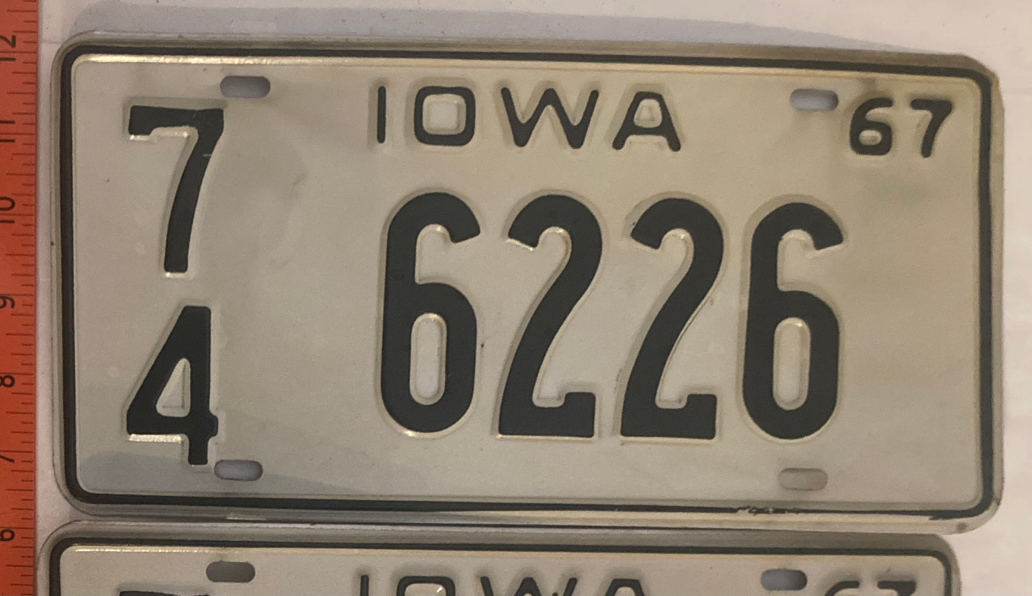 1967 Iowa #7/4 6226 Passenger License Plate (Pair)