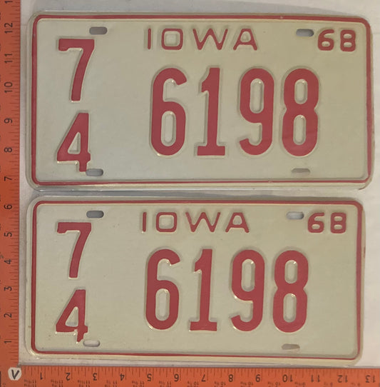 1968 Iowa #7/4 6198 Passenger License Plate (Pair)