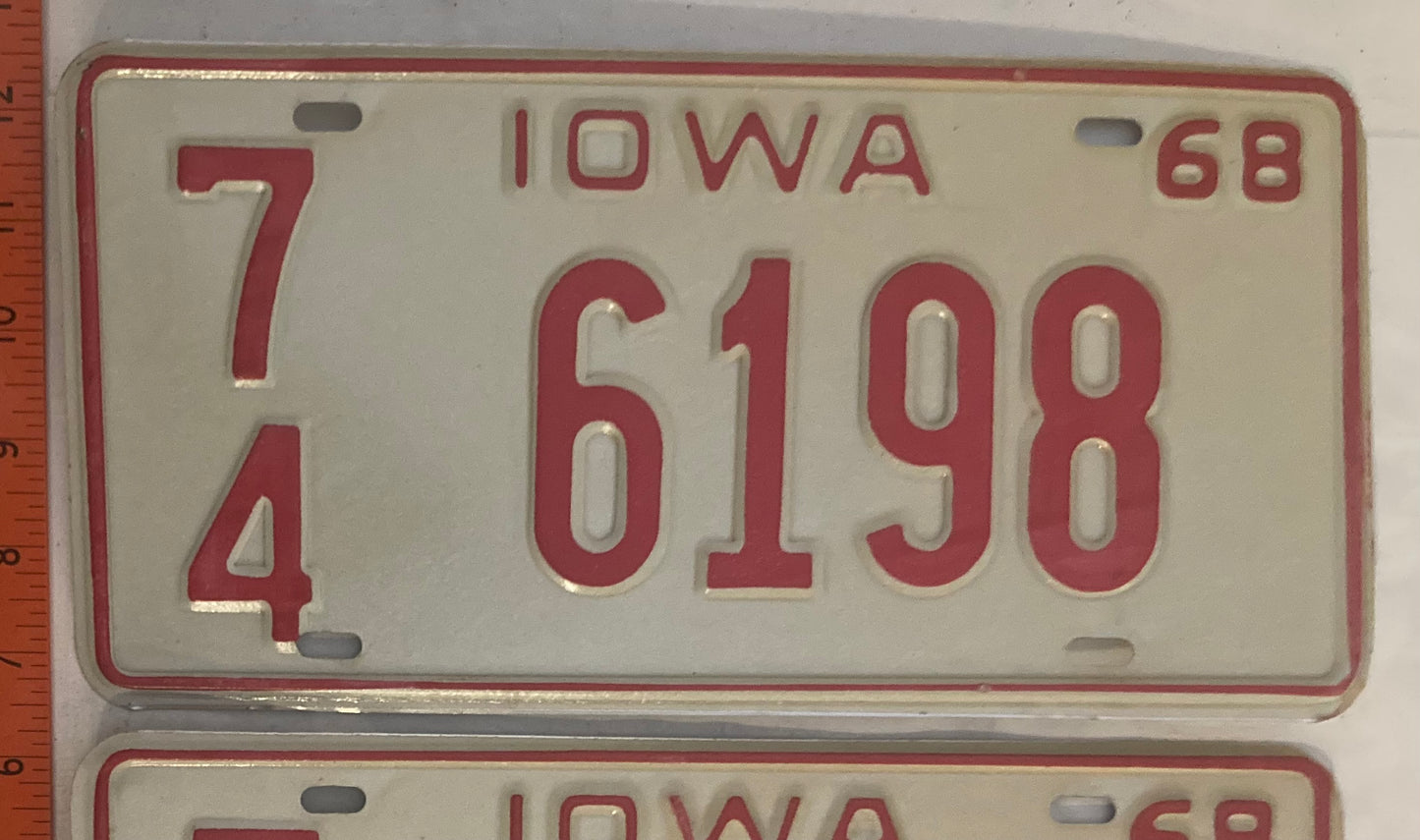 1968 Iowa #7/4 6198 Passenger License Plate (Pair)