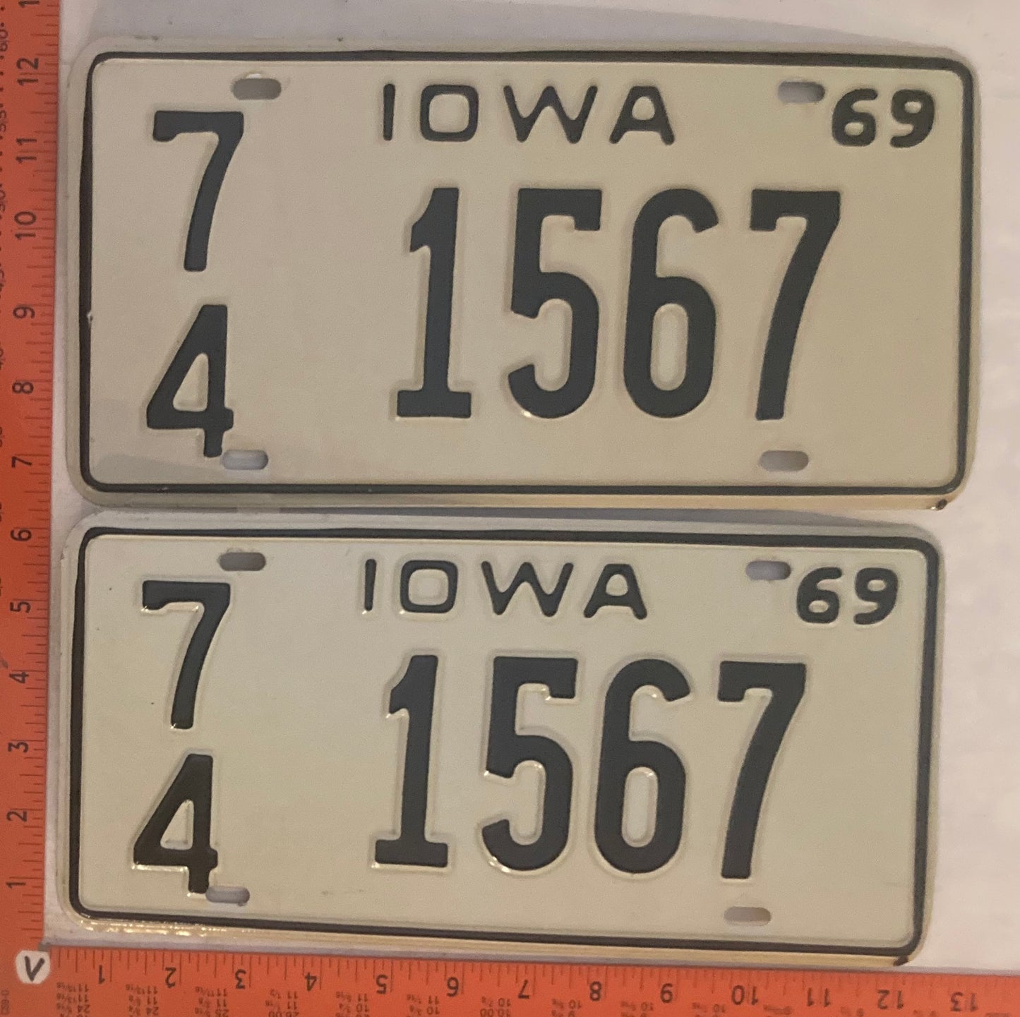 1969 Iowa #7/4 1567 Passenger License Plate (Pair)