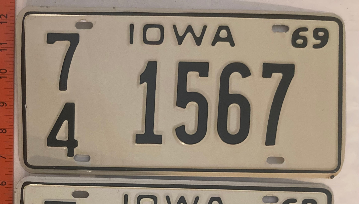 1969 Iowa #7/4 1567 Passenger License Plate (Pair)