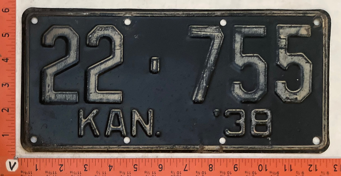 1938 Kansas #22-755 Passenger License Plate