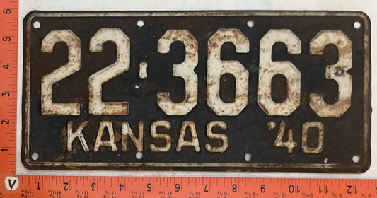 1940 Kansas #22-3663 Passenger License Plate