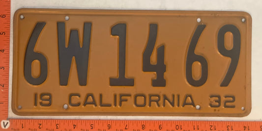 1932 California #6W 14 69 Passenger License Plate