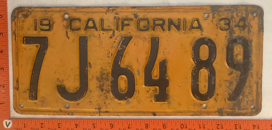 1934 California #7J 64 89 Passenger License Plate