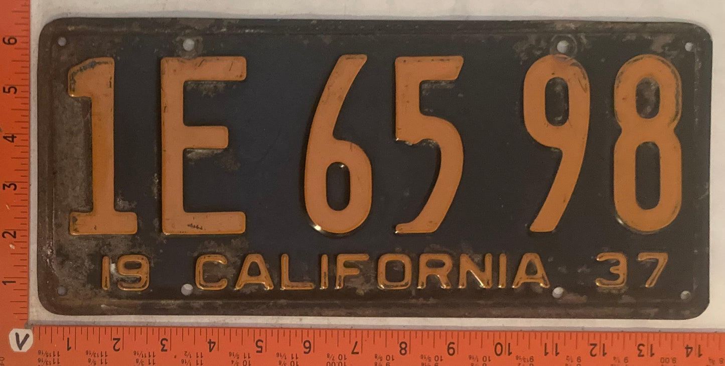 1937 California #1E 65 98 Passenger License Plate